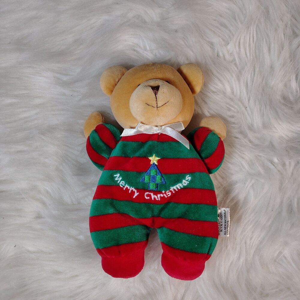 Soft Dreams Merry Christmas Teddy Bear Rattle Plush Red Green Stripe Tree 7.5"